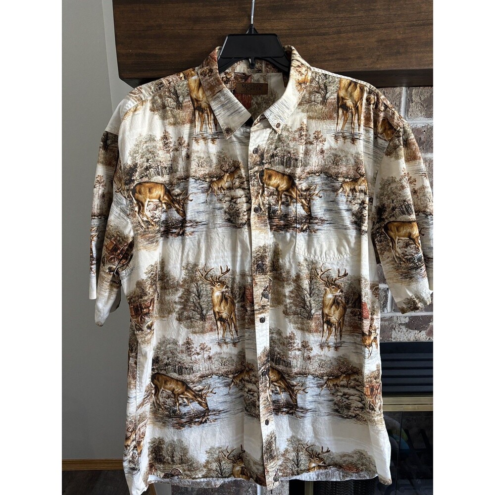 Morgan Creek Button Down Shirt Men XXLT Hunting Deer Cotton Short Sleeve Tee